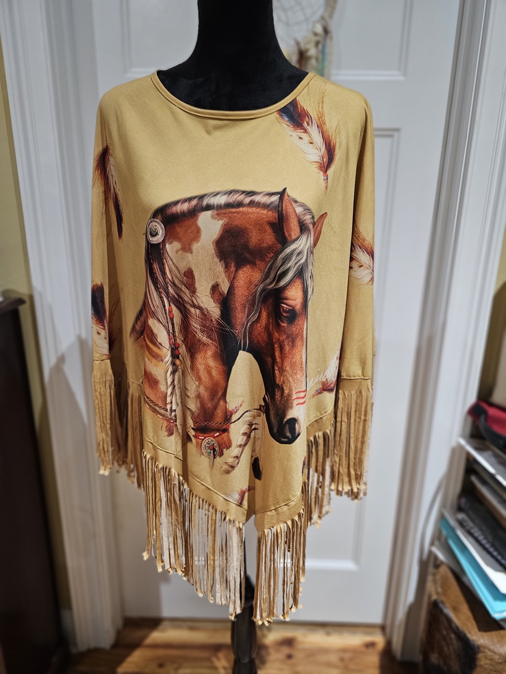 Fringed Tan Horse-Print Poncho Cape